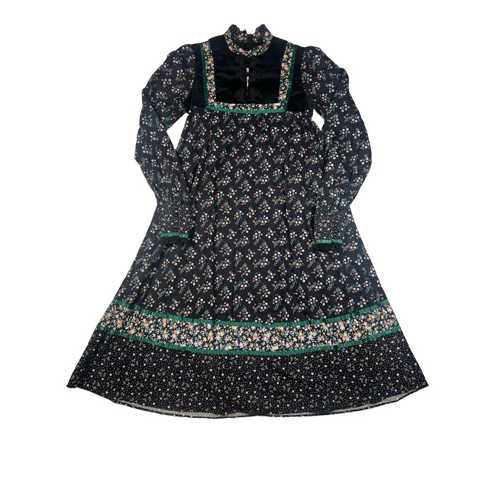 Authentic 1970's Vintage Black Calico and Velveteen Trapeze Gunne Sax Midi Dress